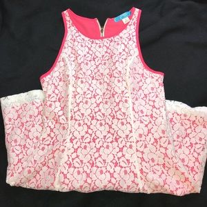 pink and white lace fit and flair dress